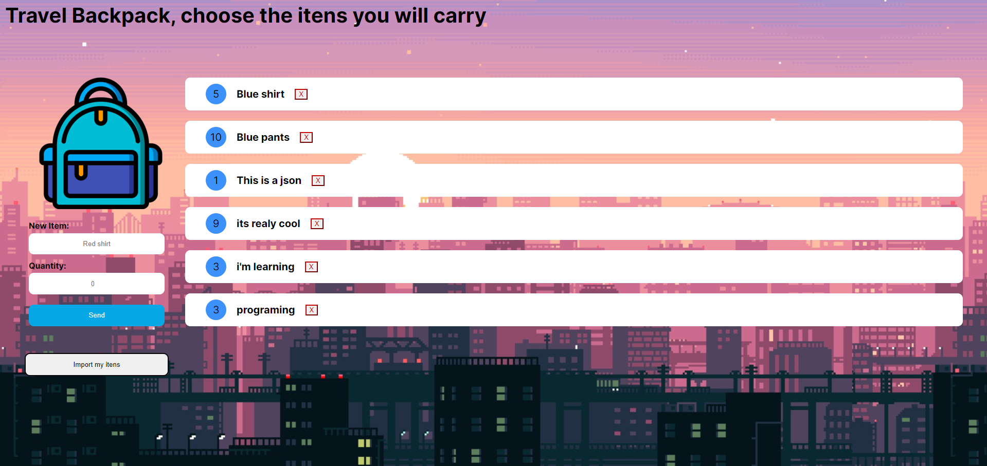 Travel backpack using LocalStorage